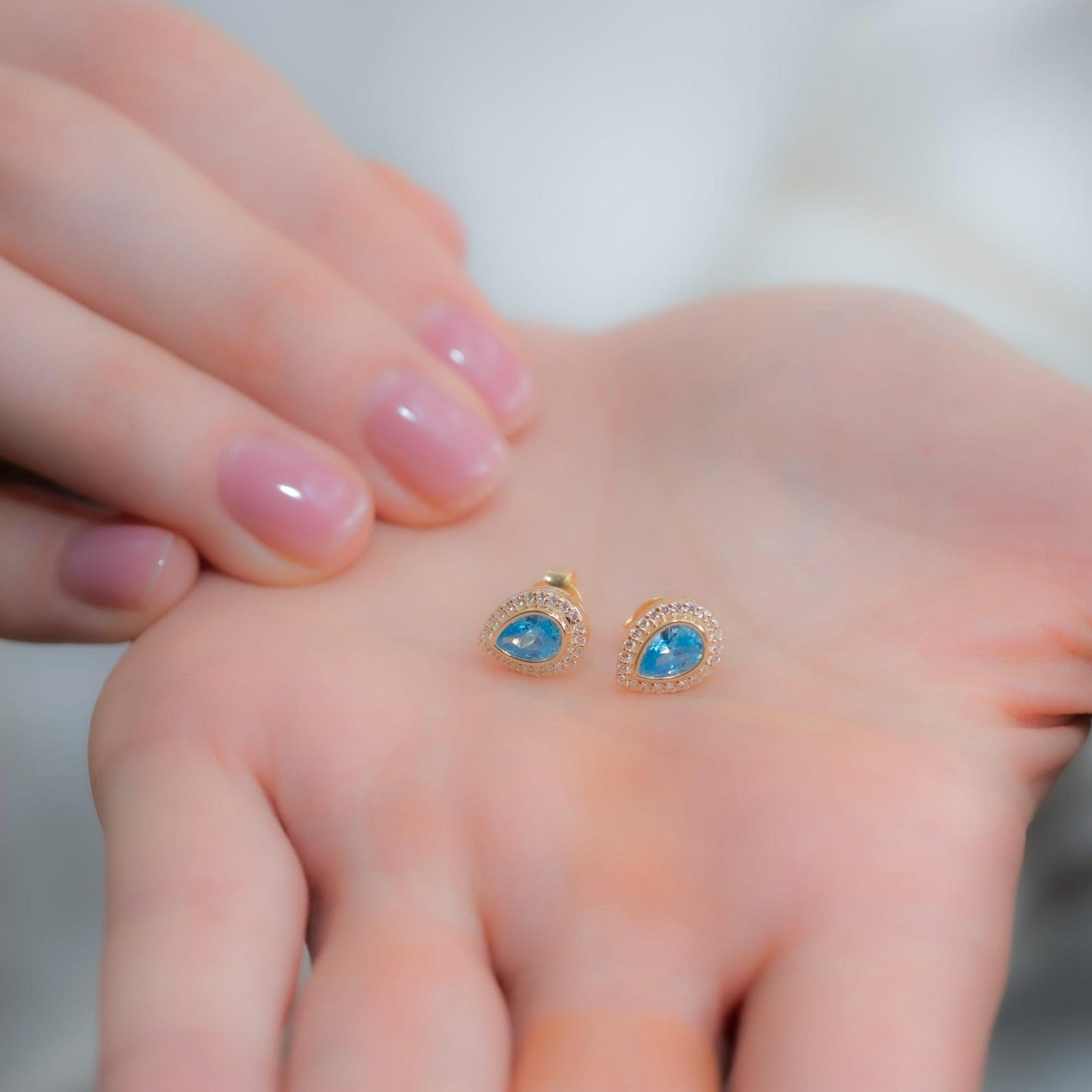 Blue Topaz Bezel Drop Stud Earrings with Real Diamonds in 8K/10K/14K Solid Gold | December Birthstone Jewelry