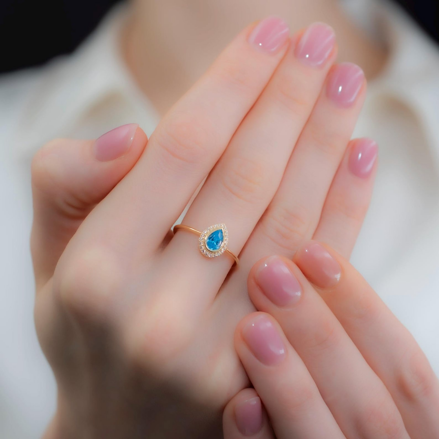 Blue Topaz Bezel Drop Ring with Real Diamonds in 8K/10K/14K Solid Gold | December Birthstone Jewelry