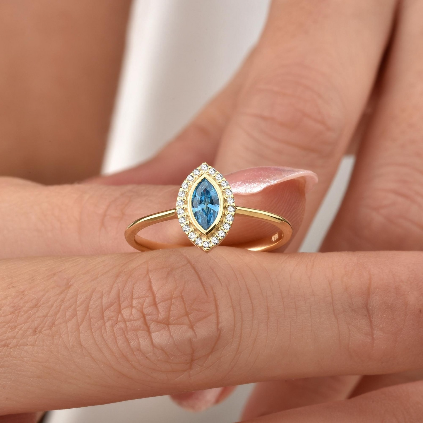 Blue Topaz Bezel Marquise Ring with Real Diamonds in 8K/10K/14K Solid Gold | December Birthstone Jewelry