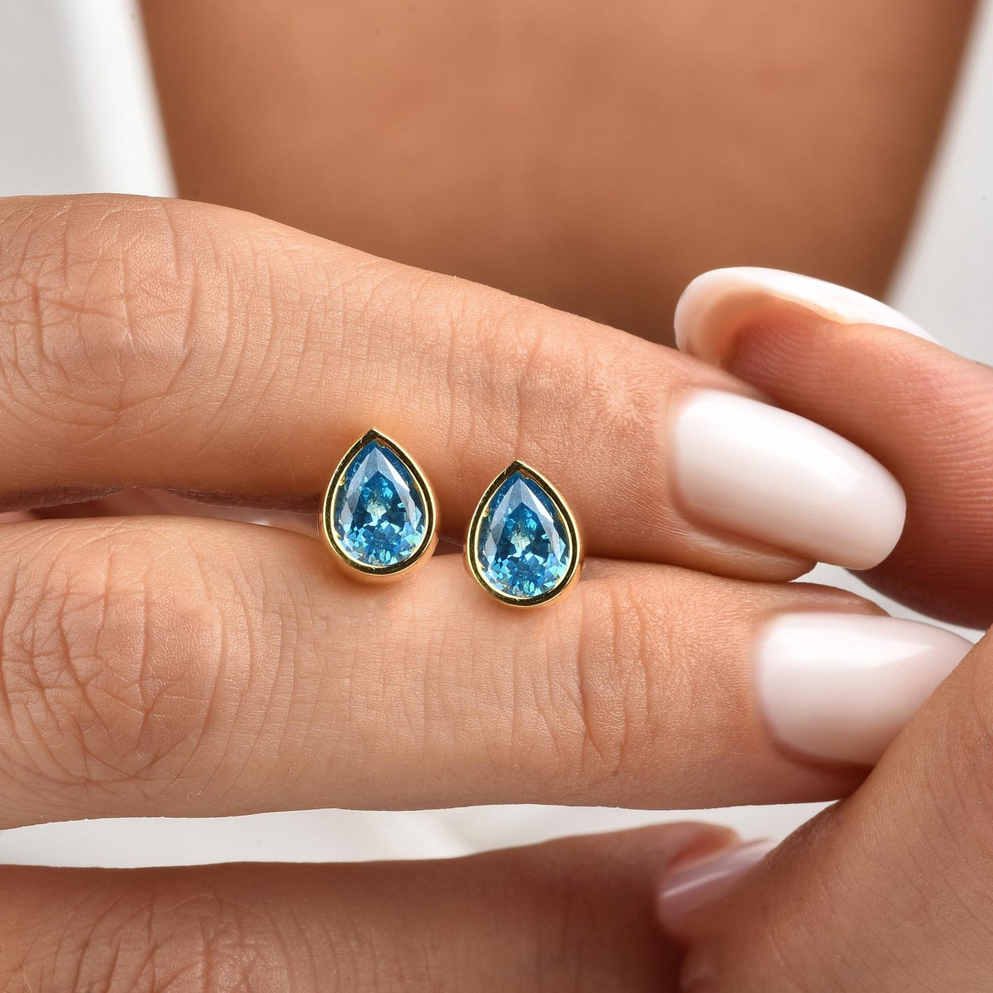 Blue Topaz Drop Bezel Stud Earrings in 10K/14K Solid Gold, December Birthstone Jewelry
