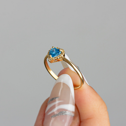 Blue Topaz Bezel Heart Ring with Real Diamonds Halo in 8K/10K/14K Solid Gold | December Birthstone Jewelry