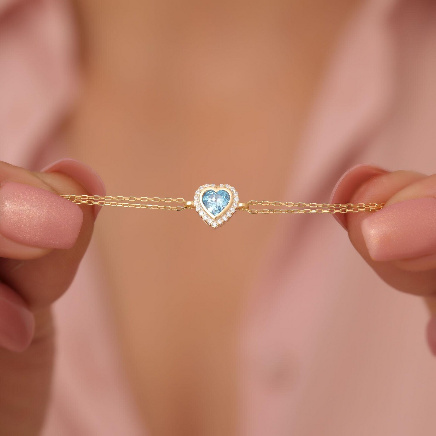 Blue Topaz Bezel Heart Bracelet with Real Diamonds in 8K/10K/14K Solid Gold | December Birthstone Jewelry