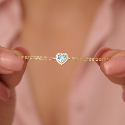 Blue Topaz Bezel Heart Bracelet with Real Diamonds in 8K/10K/14K Solid Gold | December Birthstone Jewelry
