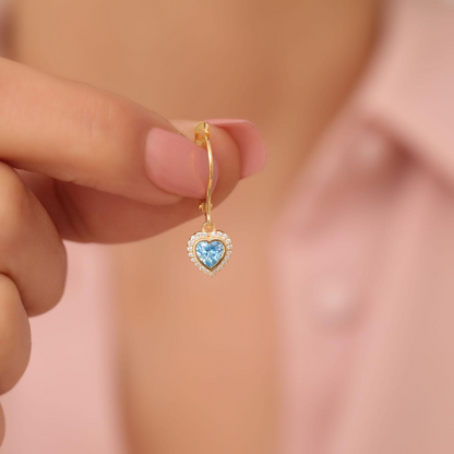 Blue Topaz Bezel Heart Dangle Earrings with Real Diamonds in 8K/10K/14K Solid Gold | December Birthstone Jewelry