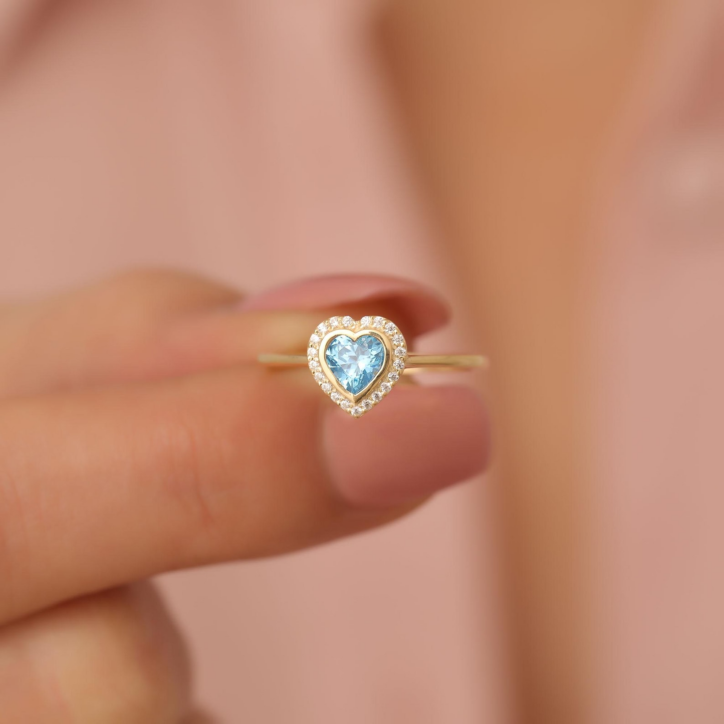 Blue Topaz Bezel Heart Ring with Real Diamonds in 8K/10K/14K Solid Gold | December Birthstone Jewelry