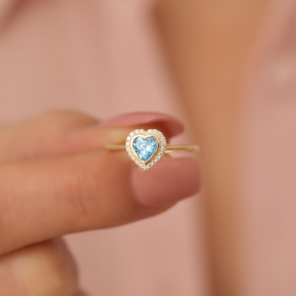 Blue Topaz Bezel Heart Ring with Real Diamonds in 8K/10K/14K Solid Gold | December Birthstone Jewelry