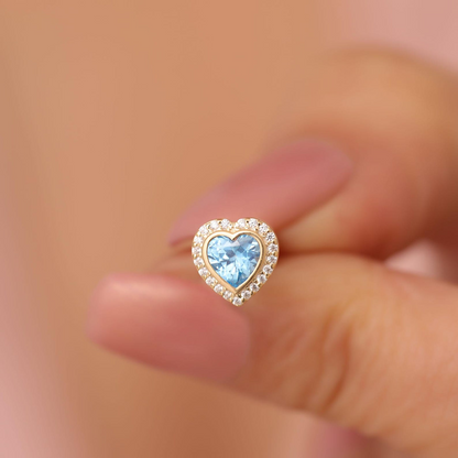 Blue Topaz Bezel Heart Stud Earrings with Real Diamonds in 10K/14K Solid Gold | December Birthstone Jewelry