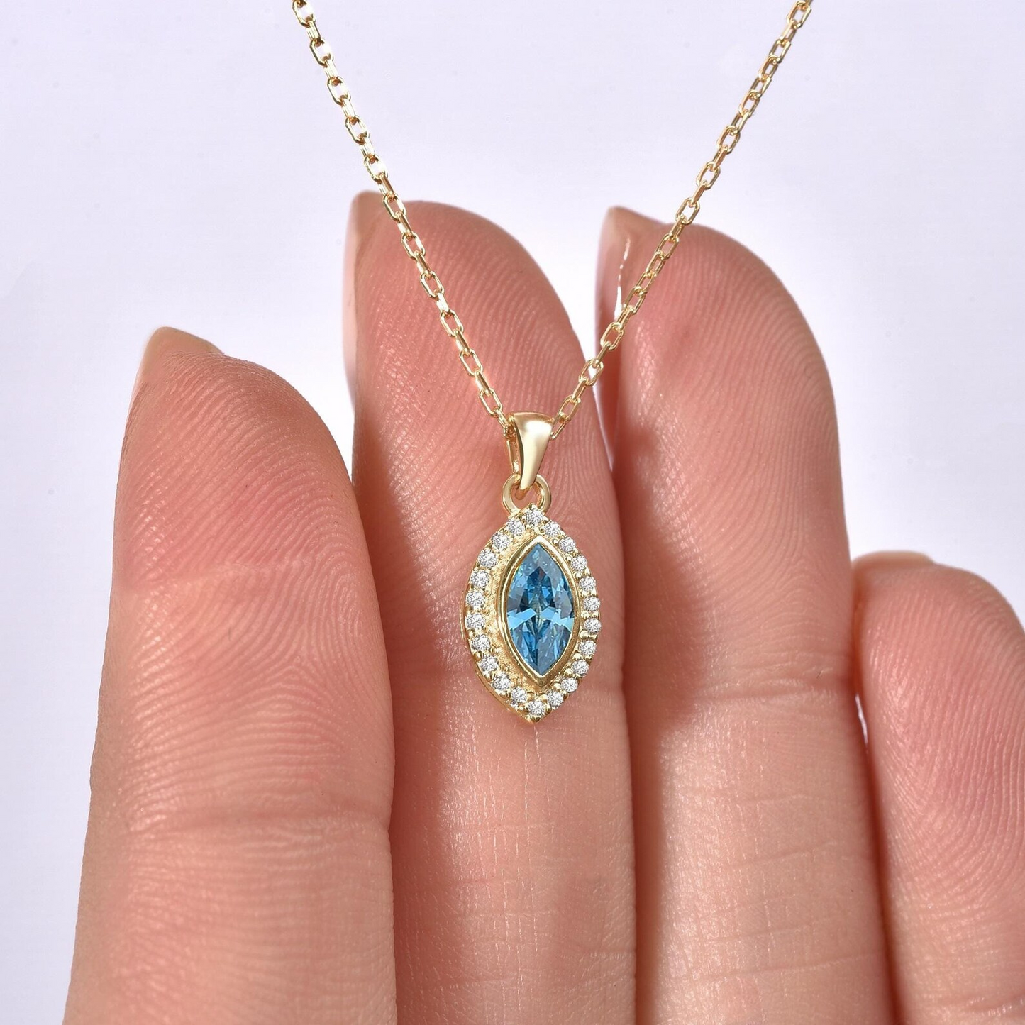 Blue Topaz Bezel Marquise Necklace with Real Diamonds in 8K/10K/14K Solid Gold | December Birthstone Jewelry