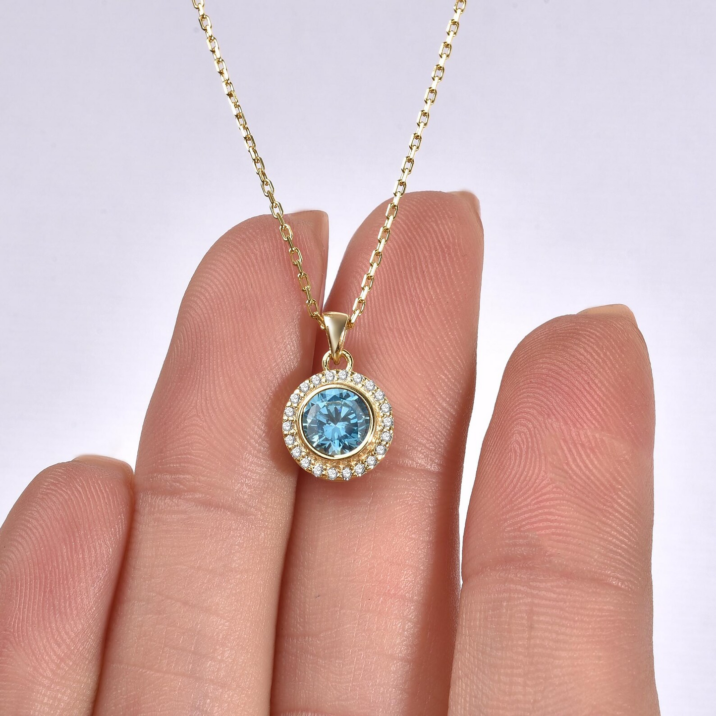 Blue Topaz Round Bezel Necklace in 8K/10K/14K Solid Gold with Real Diamonds, December Birthstone Jewelry