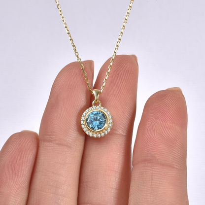 Blue Topaz Round Bezel Necklace in 8K/10K/14K Solid Gold with Real Diamonds, December Birthstone Jewelry