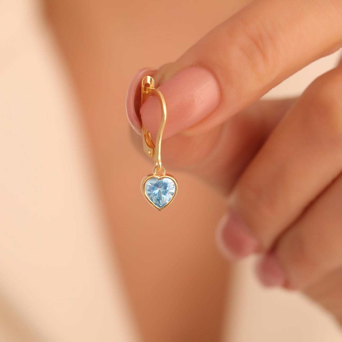 Blue Topaz Heart Cut Bezel Dangle Earrings 14K Solid Gold, December Birthstone Jewelry