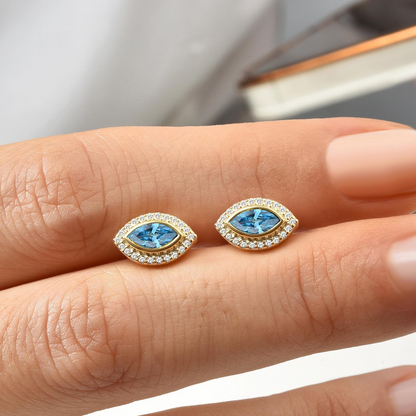 Blue Topaz Bezel Marquise Stud Earrings with Real Diamonds in 8K/10K/14K Solid Gold | December Birthstone Jewelry