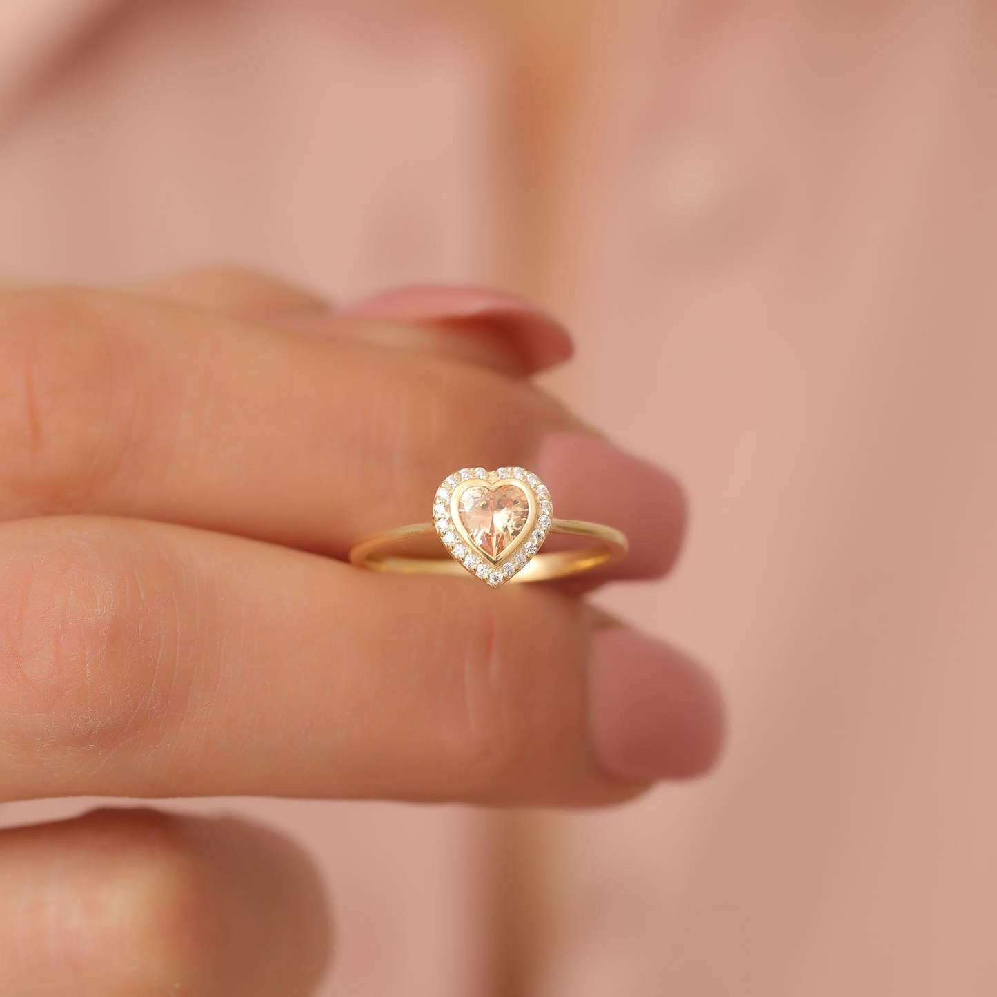 Citrine Bezel Heart Ring with Real Diamonds in 8K/10K/14K Solid Gold | November Birthstone Jewelry