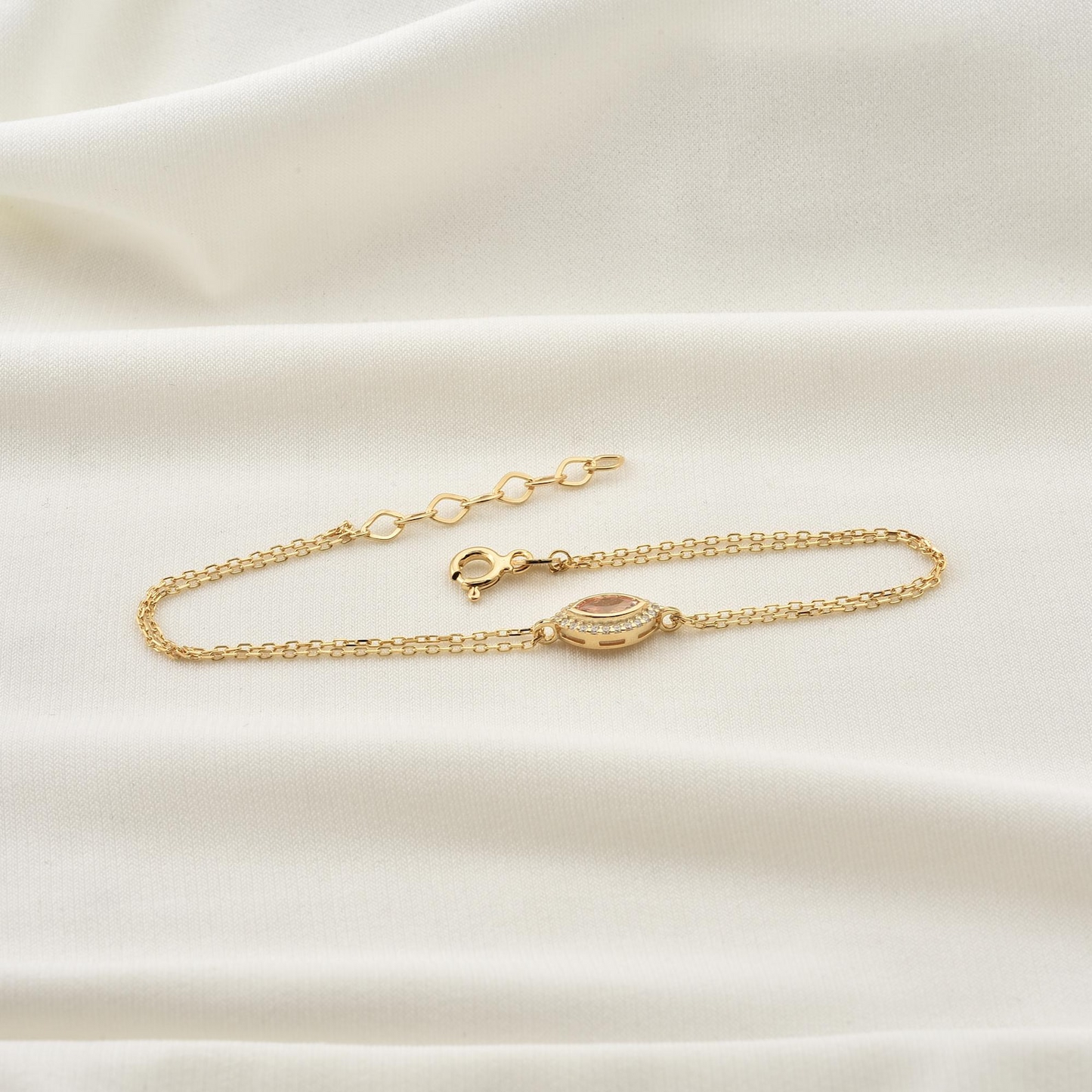 White Topaz Bezel Marquise Bracelet with Real Diamonds in 8K/10K/14K Solid Gold | April Birthstone Jewelry