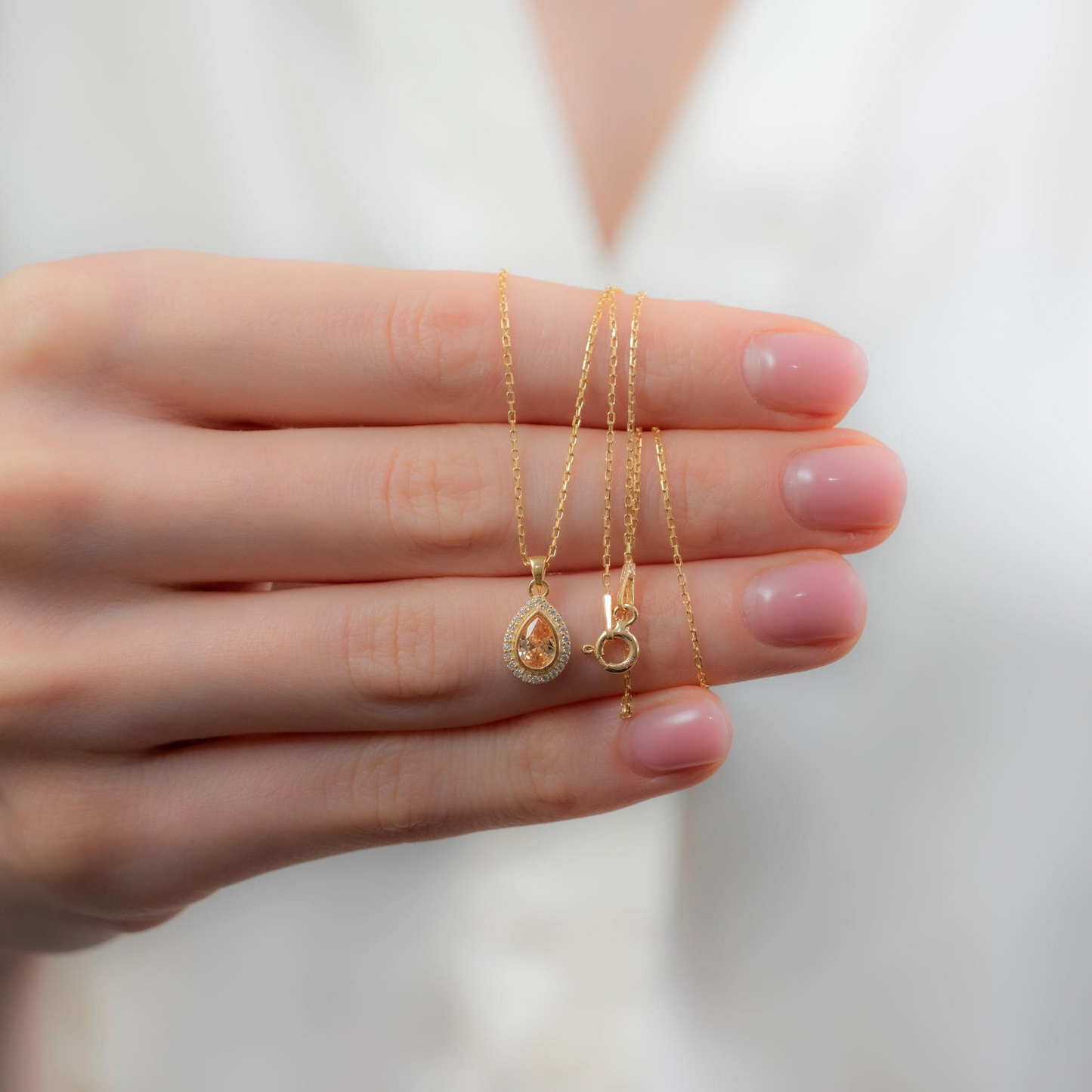 Citrine Bezel Drop Necklace with Real Diamonds in 8K/10K/14K Solid Gold | November Birthstone Jewelry