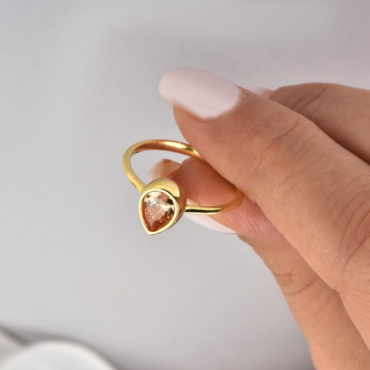 Citrine Drop Bezel Ring 8K/10K/14K Solid Gold, November Birthstone Jewelry