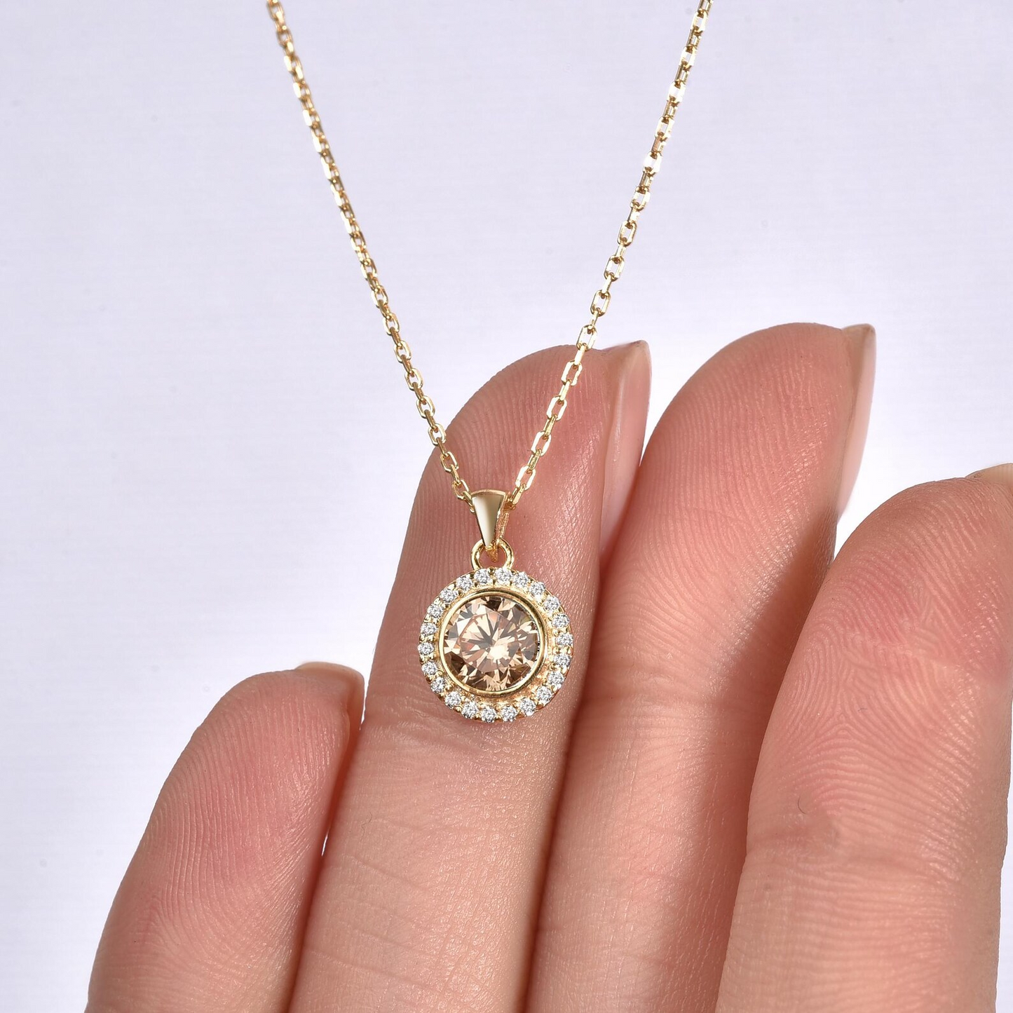 Citrine Round Bezel Necklace in 8K/10K/14K Solid Gold with Real Diamonds, November Birthstone Jewelry