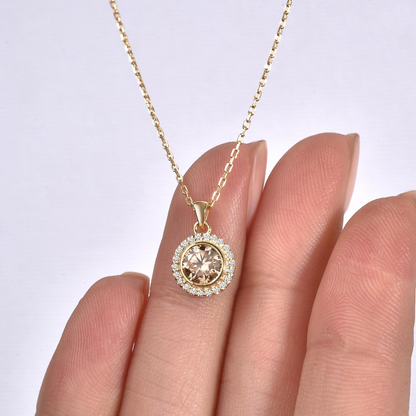 Citrine Round Bezel Necklace in 8K/10K/14K Solid Gold with Real Diamonds, November Birthstone Jewelry