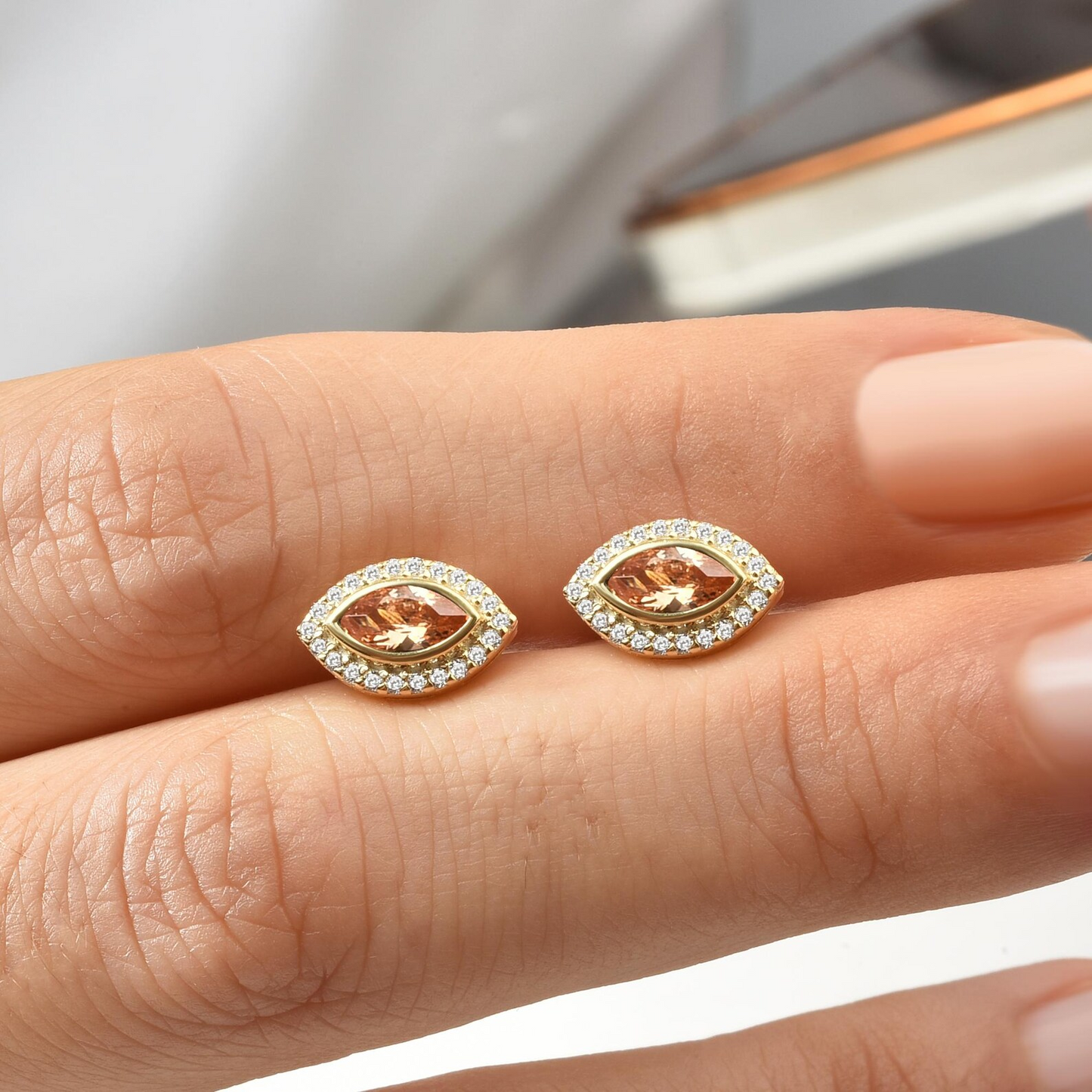 Citrine Bezel Marquise Stud Earrings with Real Diamonds in 8K/10K/14K Solid Gold | November Birthstone Jewelry