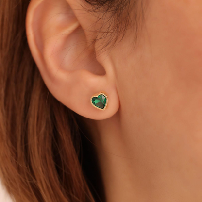 Emerald Heart Bezel Cut Stud Earrings 10K/14K Solid Gold, May Birthstone Jewelry