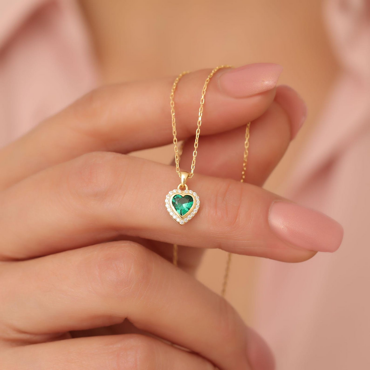 Emerald Bezel Heart Necklace with Real Diamonds in 8K/10K/14K Solid Gold | May Birthstone Jewelry