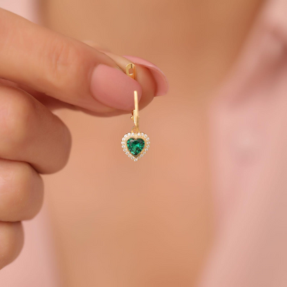 Emerald Bezel Heart Dangle Earrings with Real Diamonds in 8K/10K/14K Solid Gold | May Birthstone Jewelry