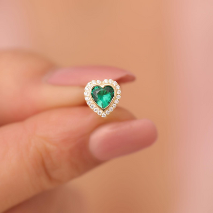 Emerald Bezel Heart Stud Earrings with Real Diamonds in 10K/14K Solid Gold | May Birthstone Jewelry