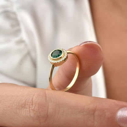 Emerald Round Bezel Ring in 8K/10K/14K Solid Gold with Real Diamonds, May Birthstone Jewelry