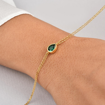 Emerald Drop Bezel Bracelet in 10K/14K Solid Gold, May Birthstone Jewelry