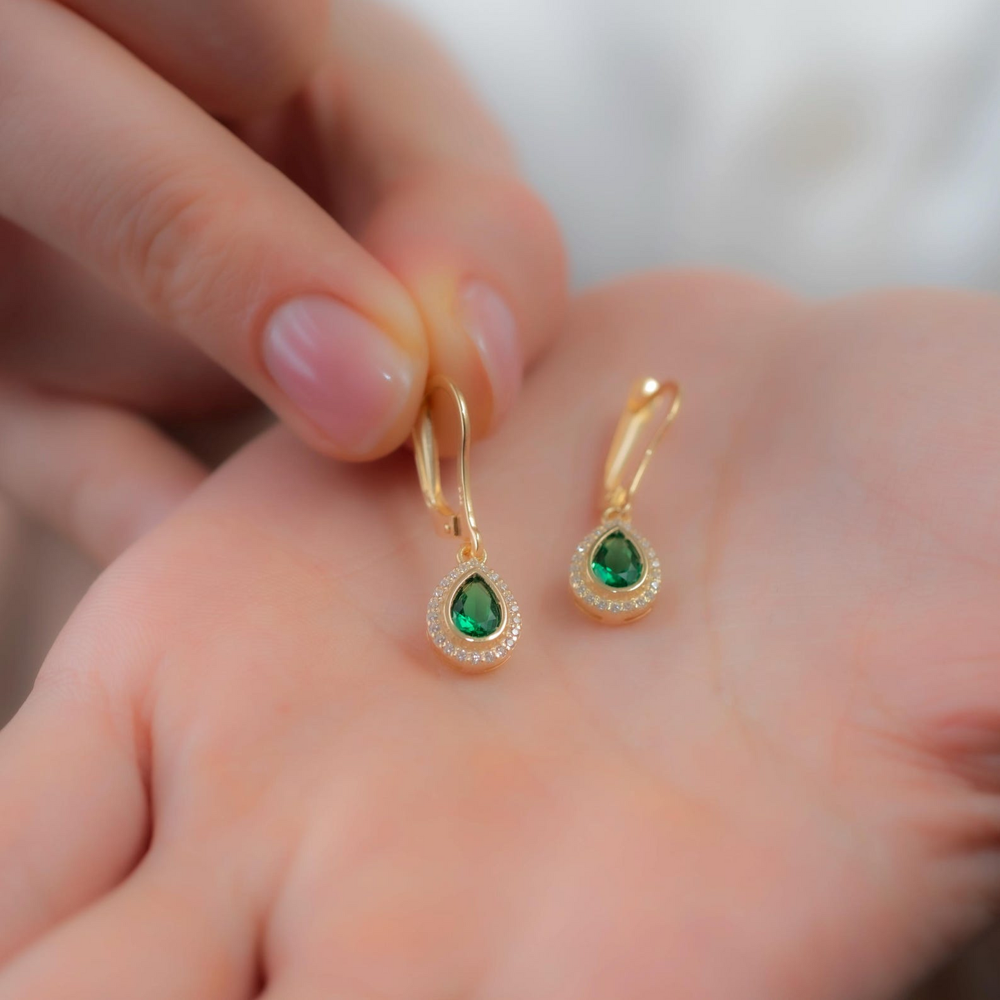 Emerald Bezel Drop Dangle Earrings with Real Diamonds in 8K/10K/14K Solid Gold | May Birthstone Jewelry