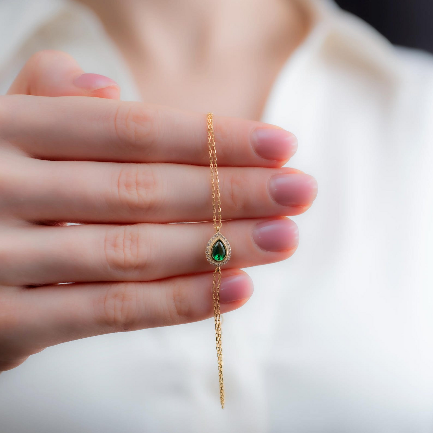 Emerald Bezel Drop Bracelet with Real Diamonds in 8K/10K/14K Solid Gold | May Birthstone Jewelry