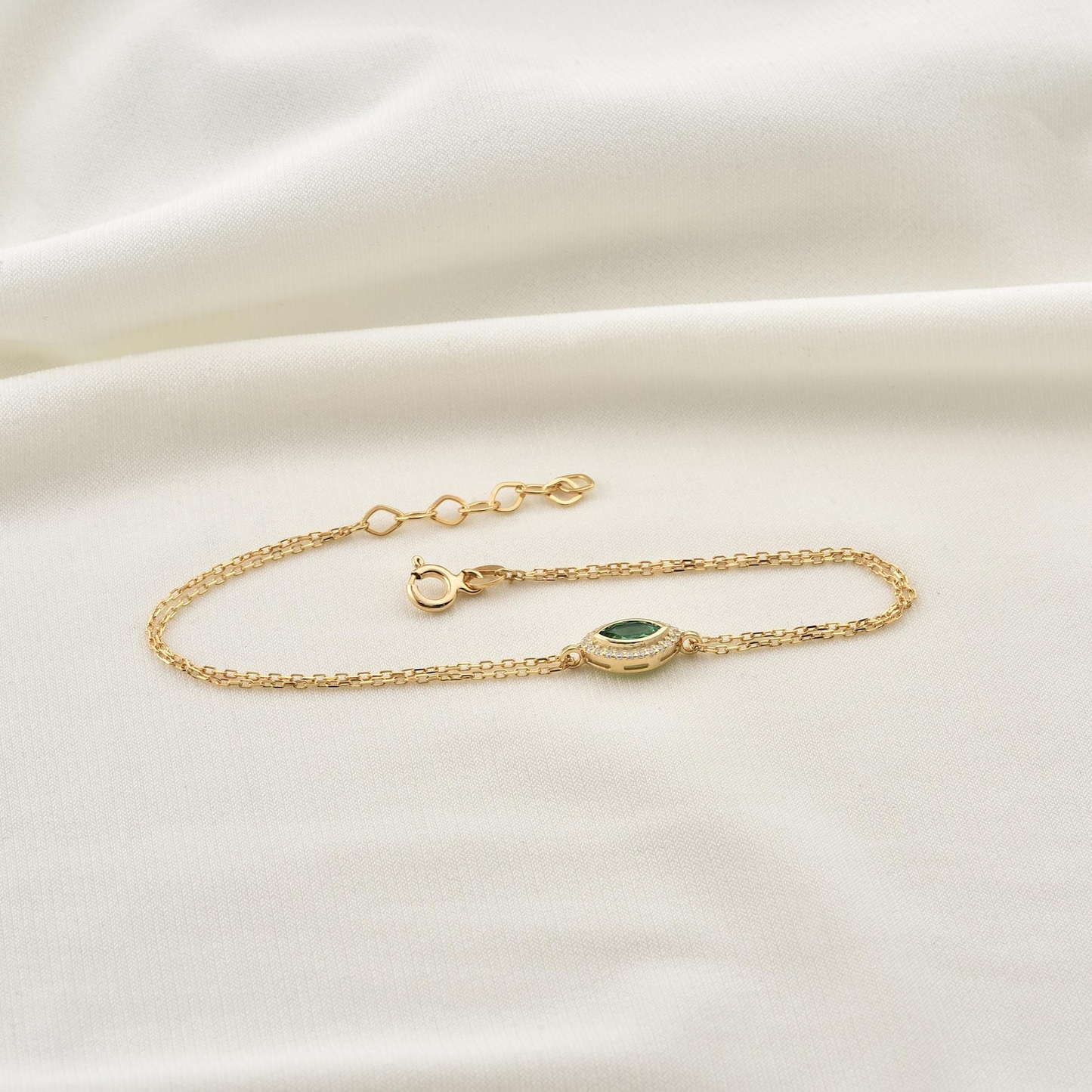 Emerald Bezel Marquise Bracelet with Real Diamonds in 8K/10K/14K Solid Gold | May Birthstone Jewelry