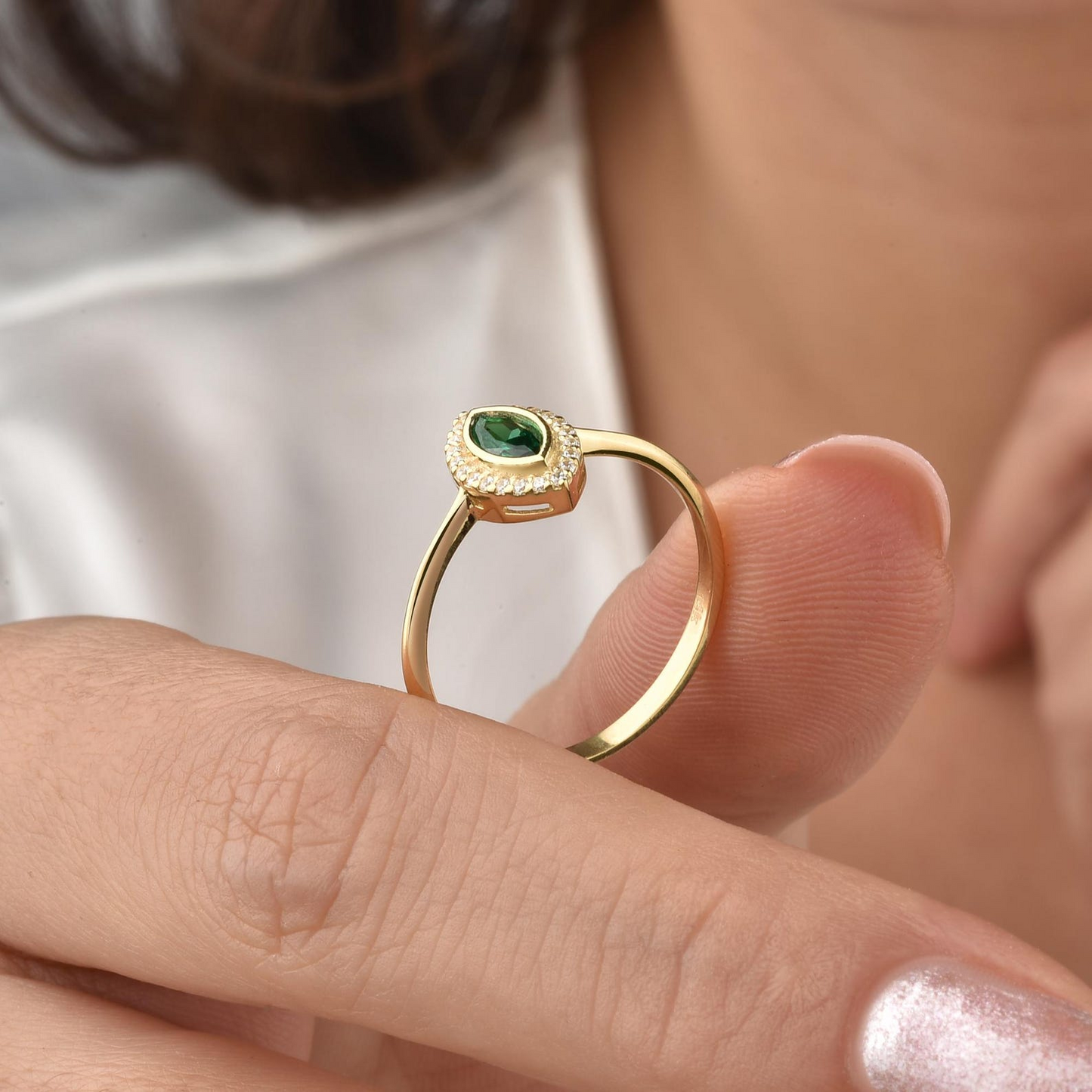 Emerald Bezel Marquise Ring with Real Diamonds in 8K/10K/14K Solid Gold | May Birthstone Jewelry