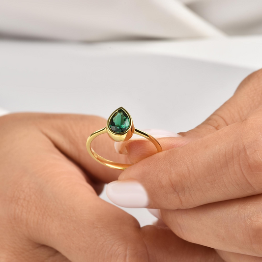 Emerald Drop Bezel Ring 8K/10K/14K Solid Gold, May Birthstone Jewelry