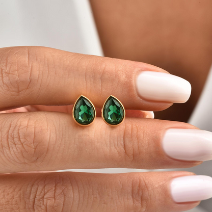 Emerald Drop Bezel Stud Earrings in 10K/14K Solid Gold, May Birthstone Jewelry
