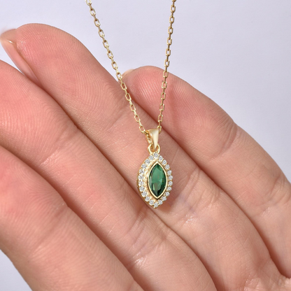 Emerald Bezel Marquise Necklace with Real Diamonds in 8K/10K/14K Solid Gold | May Birthstone Jewelry