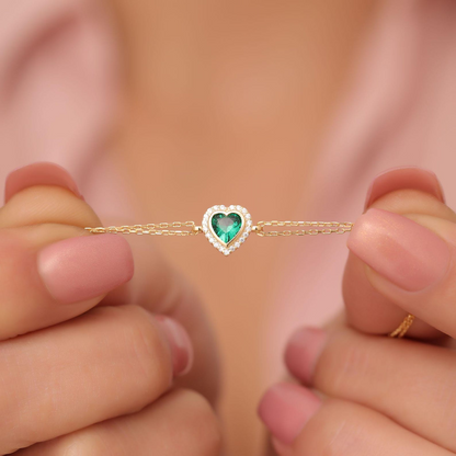 Emerald Bezel Heart Bracelet with Real Diamonds in 8K/10K/14K Solid Gold | May Birthstone Jewelry