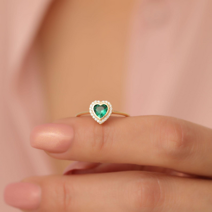 Emerald Bezel Heart Ring with Real Diamonds in 8K/10K/14K Solid Gold | May Birthstone Jewelry