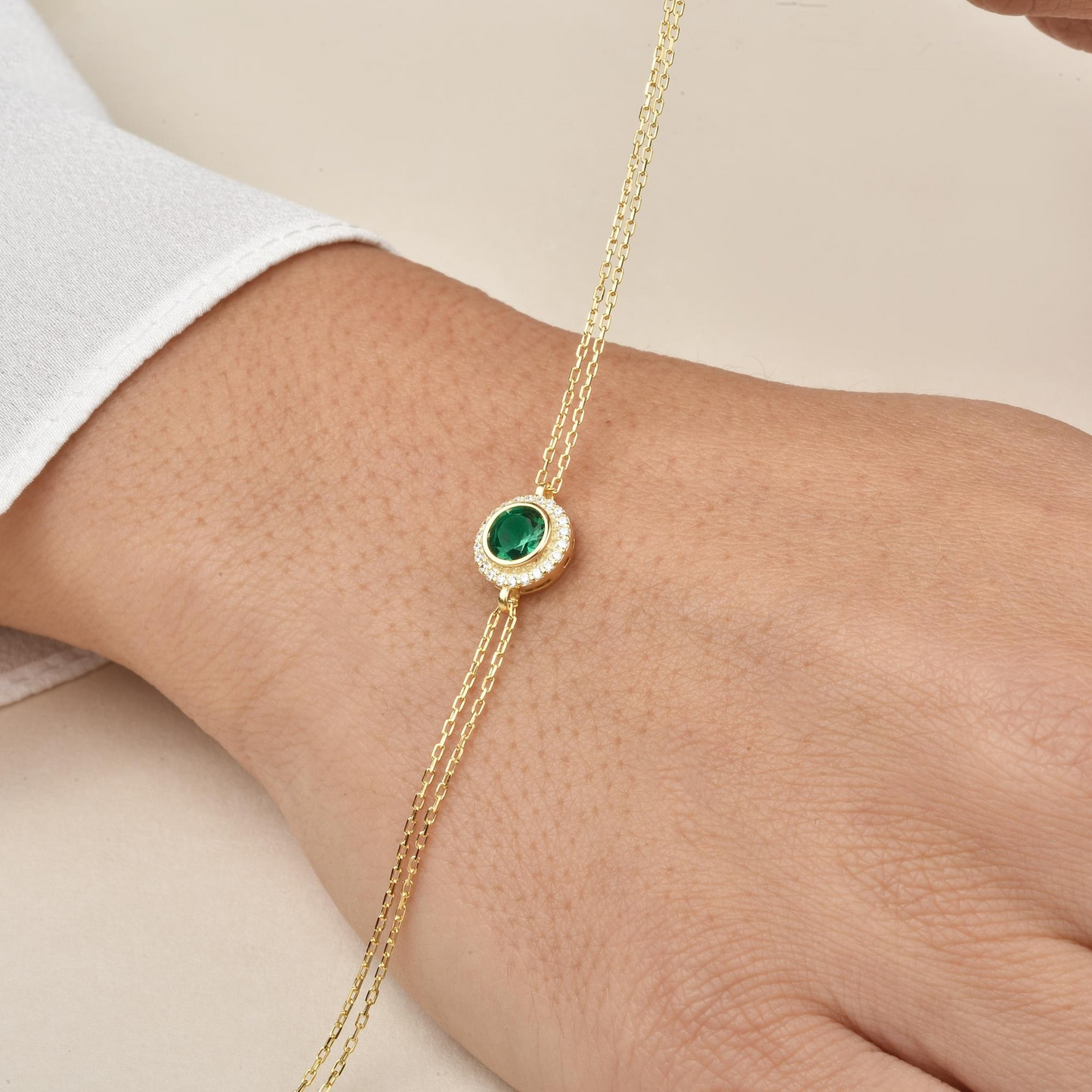 Emerald Round Bezel Bracelet in 8K/10K/14K Solid Gold with Real Diamonds, May Birthstone Jewelry