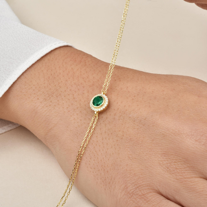 Emerald Round Bezel Bracelet in 8K/10K/14K Solid Gold with Real Diamonds, May Birthstone Jewelry
