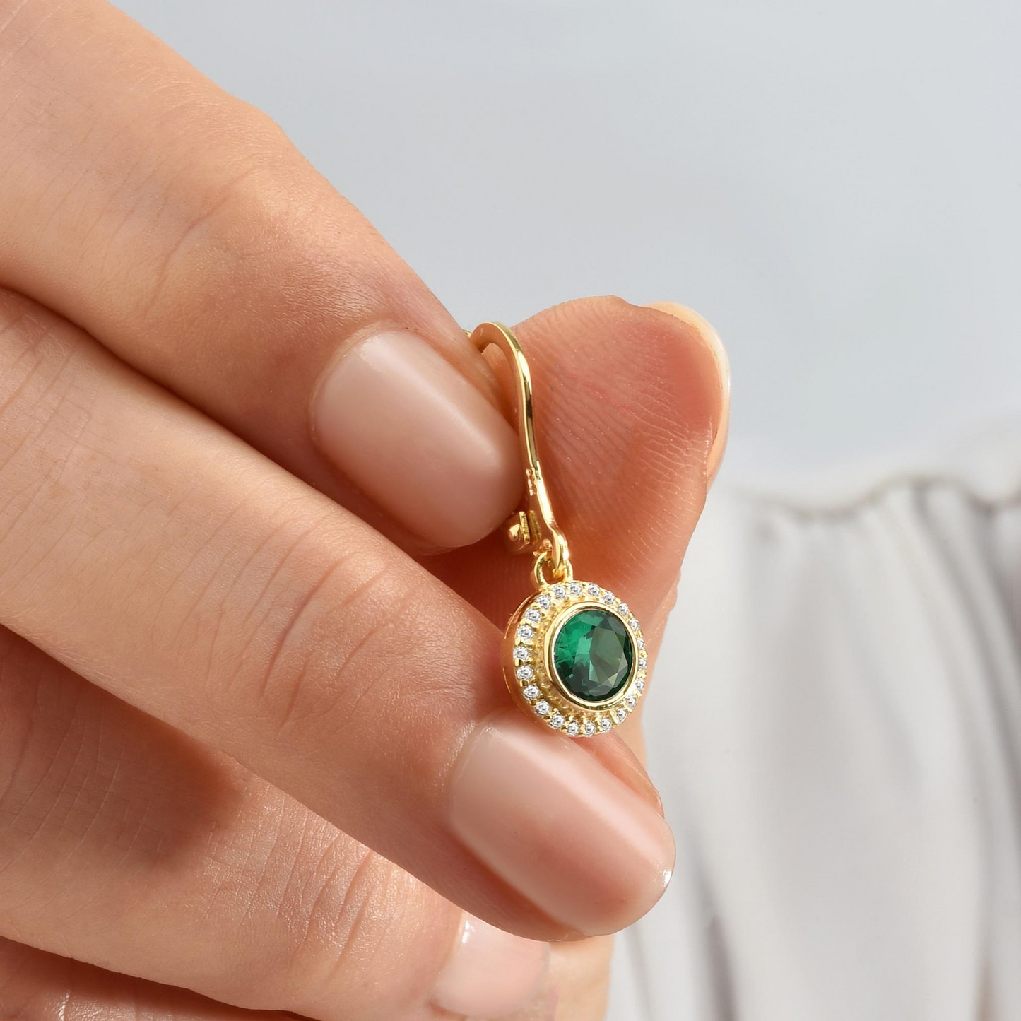 Emerald Round Bezel Dangle Earrings in 8K/10K/14K Solid Gold with Real Diamonds, May Birthstone Jewelry