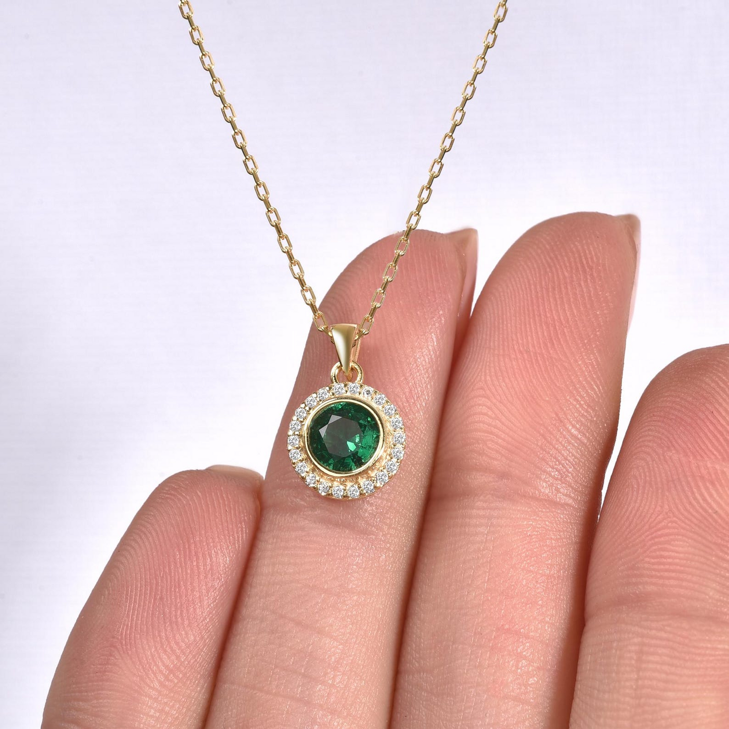 Emerald Round Bezel Necklace in 8K/10K/14K Solid Gold with Real Diamonds, May Birthstone Jewelry