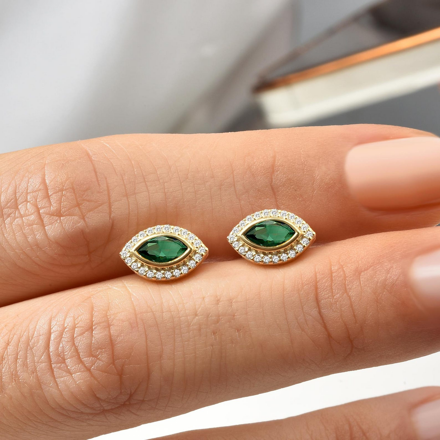 Emerald Bezel Marquise Stud Earrings with Real Diamonds in 8K/10K/14K Solid Gold | May Birthstone Jewelry