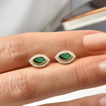 Emerald Bezel Marquise Stud Earrings with Real Diamonds in 8K/10K/14K Solid Gold | May Birthstone Jewelry