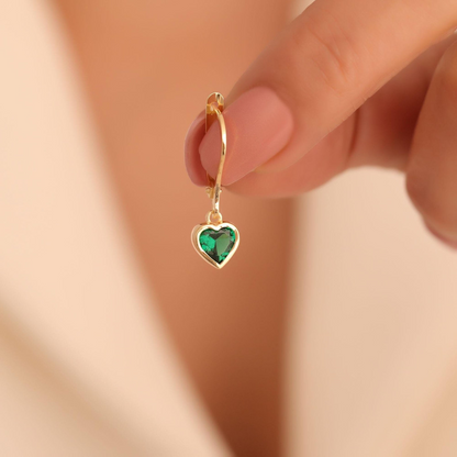 Emerald Heart Cut Bezel Dangle Earrings 14K Solid Gold, May Birthstone Jewelry