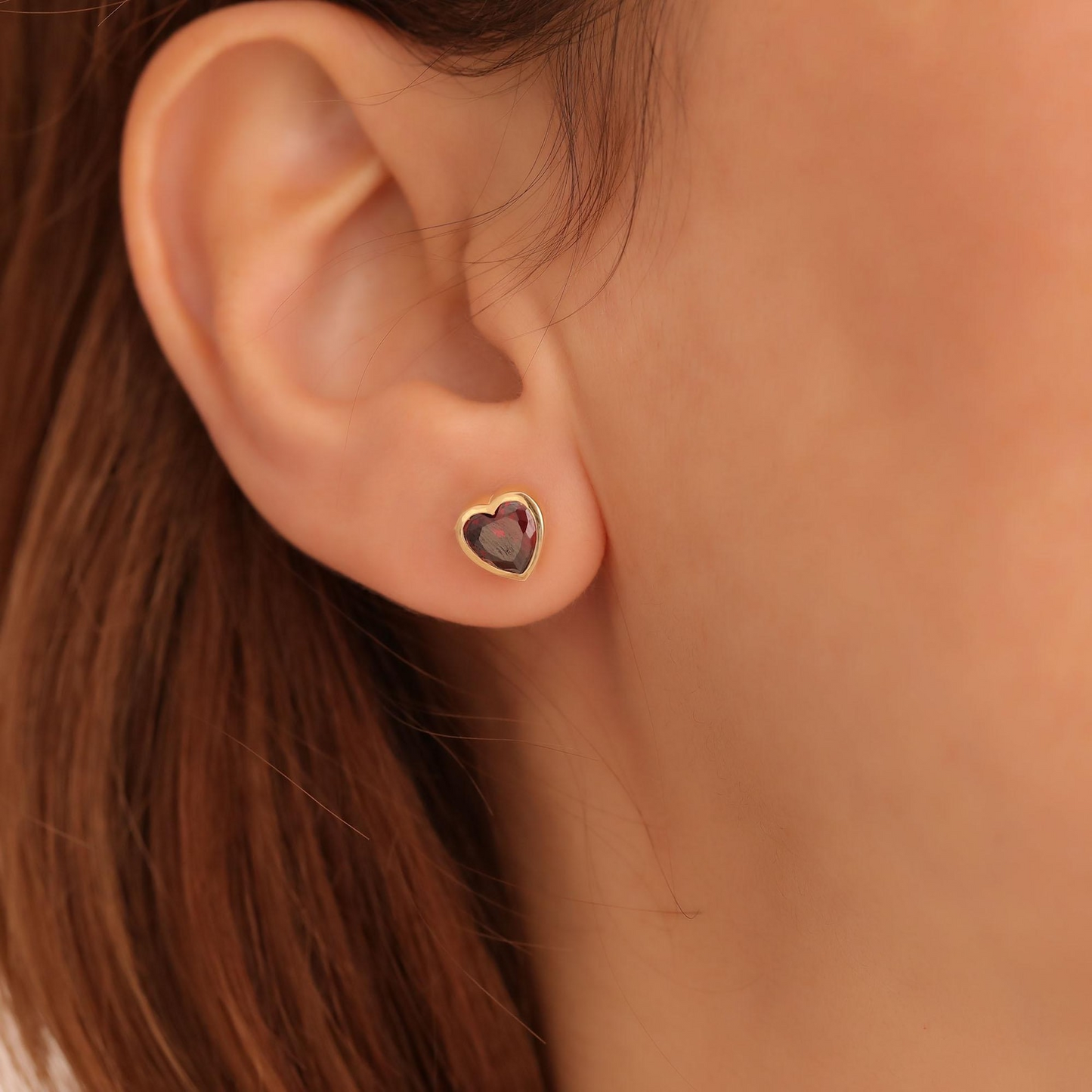 Garnet Heart Bezel Stud Earrings 10K/14K Solid Gold, January Birthstone Jewelry