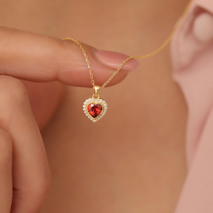 Garnet Bezel Heart Necklace with Real Diamonds in 8K/10K/14K Solid Gold | January Birthstone Jewelry