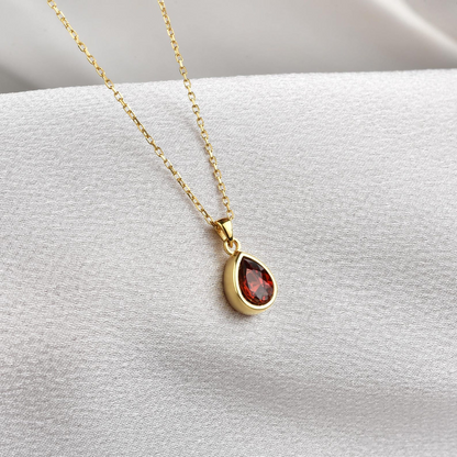 Garnet Bezel Drop Necklace 10K/14K Solid Gold, January Birthstone Jewelry