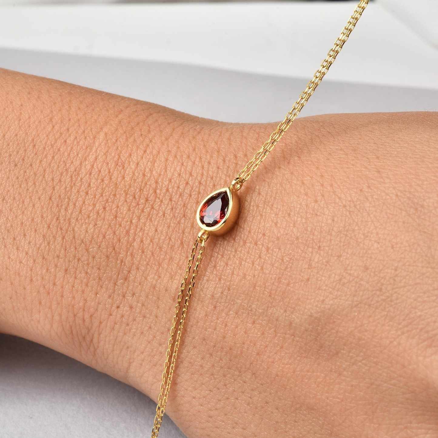 Garnet Drop Bezel Bracelet in 10K/14K Solid Gold, January Birthstone Jewelry