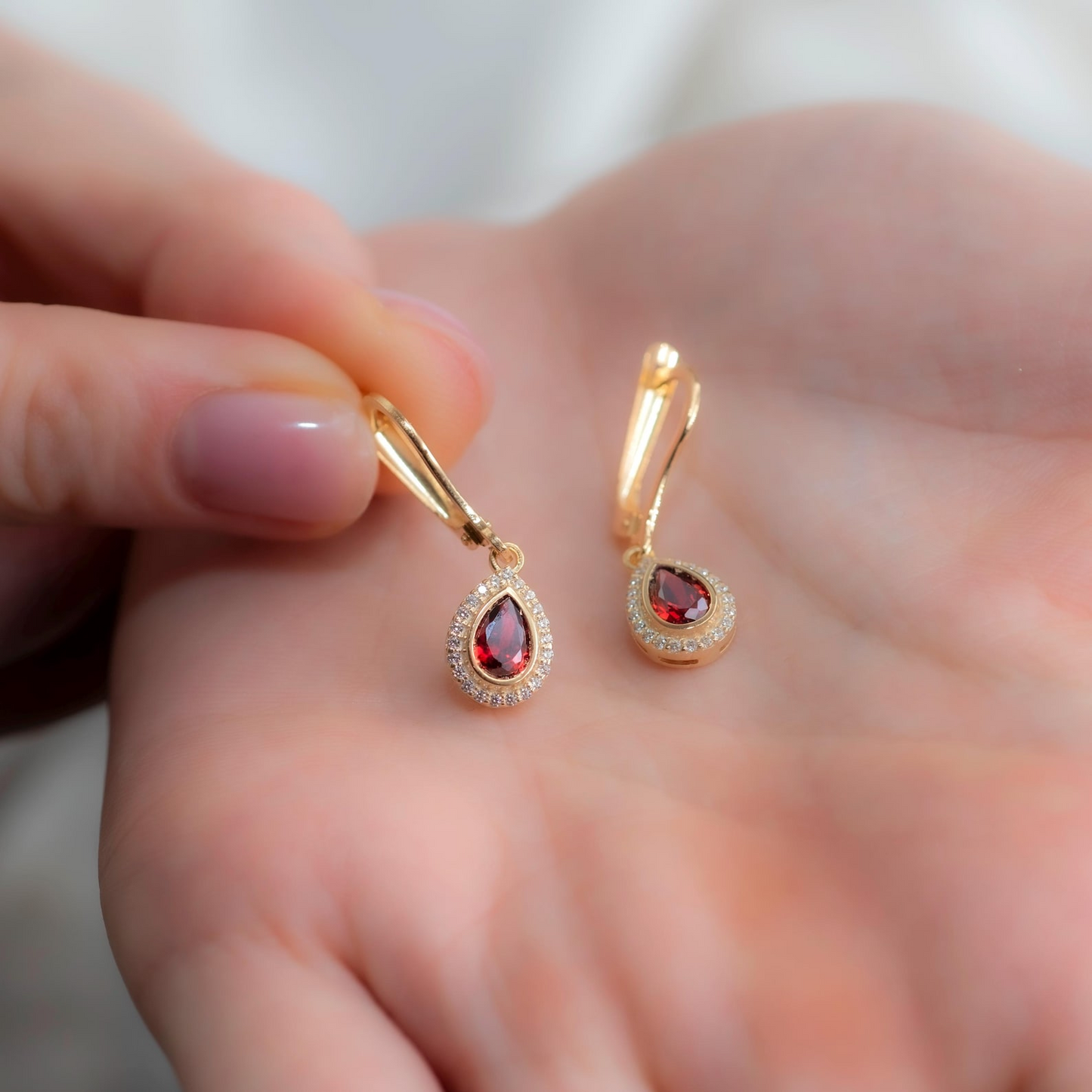 Garnet Bezel Drop Dangle Earrings with Real Diamonds in 8K/10K/14K Solid Gold | January Birthstone Jewelry
